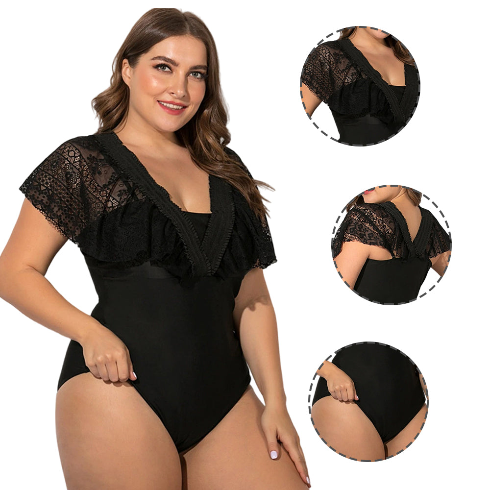 Women Plus Size One-Piece Conservative Black Webbing Swimsuit