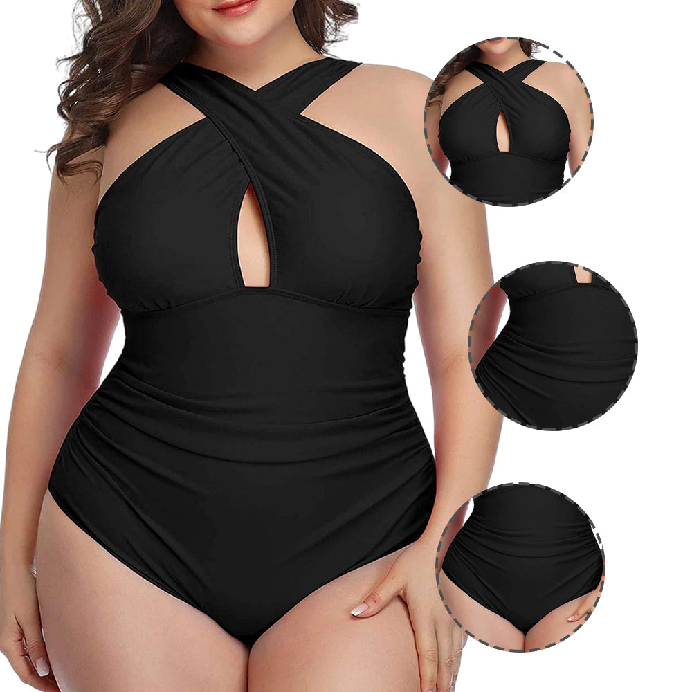 Women Plus Size Cross One Piece Swimsuit Tummy Control Keyhole Swimsuit