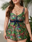 WomenPlusSizeBrokenflowerhotspringstrapsplitTwoPieceSwimsuitGreen-1