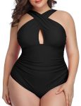 WomenPlusSizeCrossOnePieceSwimsuitTummyControlKeyholeSwimsuitBlack