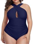 WomenPlusSizeCrossOnePieceSwimsuitTummyControlKeyholeSwimsuitBlack