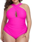 WomenPlusSizeCrossOnePieceSwimsuitTummyControlKeyholeSwimsuitBlack