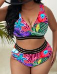 WomenPlusSizeFloralHighWaistBikiniSizeVNeckTankTopTwoPieceSwimsuit-1