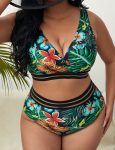 WomenPlusSizeFloralHighWaistBikiniSizeVNeckTankTopTwoPieceSwimsuit-1