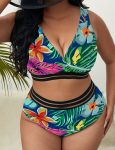 WomenPlusSizeFloralHighWaistBikiniSizeVNeckTankTopTwoPieceSwimsuit-1