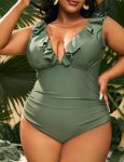 WomenPlusSizeVNeckOnePieceSwimsuitRuffledLaceUpMonokini-1