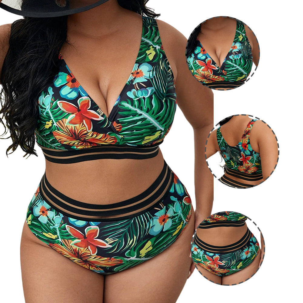 Women Plus Size Floral High Waist Bikini Size V Neck Tank Top Two Piece Swimsuit