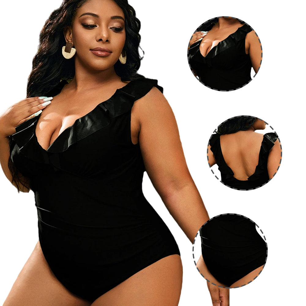 Women Plus Size V Neck One Piece Swimsuit Ruffled Lace Up Monokini